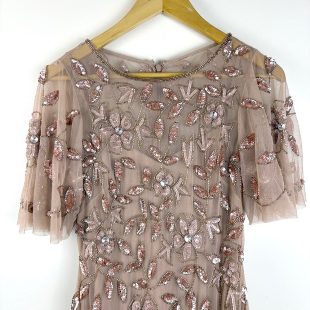 Adrianna Papell Beaded Sequin Mesh Midi Dress Rose Gold Flutter‎ Sleeve Size 2 - Picture 7 of 16